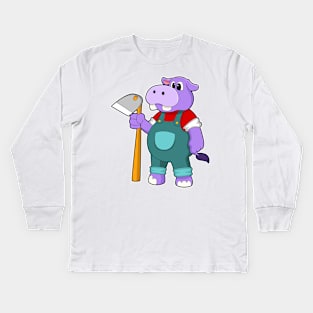 Hippo as Farmer with Garden hoe Kids Long Sleeve T-Shirt